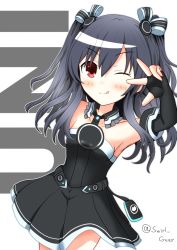 Rule 34 | absurdres, armpits, bare shoulders, black dress, black hair, breasts, dress, elbow gloves, gloves, hair ornament, hairclip, highres, long hair, neptune (series), red eyes, skirt, small breasts, swirl gear, twintails, uni (neptunia)