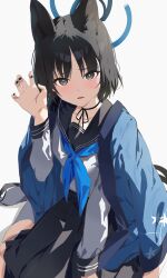 Rule 34 | 1girl, animal ears, black eyes, black hair, black sailor collar, blue archive, blue neckerchief, blush, cat ears, cat tail, haori, highres, japanese clothes, kikyou (blue archive), kuu (user gngs5284), long sleeves, looking at viewer, multiple tails, neckerchief, open mouth, sailor collar, short hair, simple background, solo, tail, two tails, white background