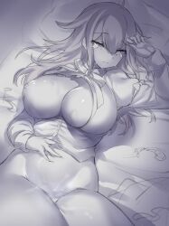 Rule 34 | 1girl, ahoge, bed, breasts, breasts out, dot nose, expressionless, female focus, functionally nude, hair between eyes, half-closed eyes, hand on own stomach, haruto (pokoten), large breasts, looking at viewer, monochrome, nipples, no bra, no panties, on bed, open clothes, original, pokoten (pokoten718), solo, tearing up, thick thighs, thighs