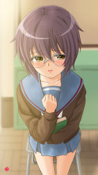 Rule 34 | 1girl, absurdres, blue sailor collar, blue skirt, blush, book, brown cardigan, brown eyes, cardigan, chair, collarbone, commentary request, hair between eyes, hand on own chest, highres, holding, holding book, indoors, kita high school uniform, long sleeves, nagato yuki, nao suke, open cardigan, open clothes, open mouth, purple hair, red ribbon, ribbon, sailor collar, school uniform, serafuku, short hair, shy, skirt, solo, standing, suzumiya haruhi no shoushitsu, suzumiya haruhi no yuuutsu
