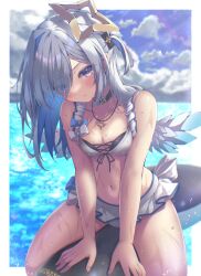 Rule 34 | 1girl, absent, absurdres, amane kanata, angel wings, bikini, bikini skirt, blush, breasts, choker, cleavage, frilled skirt, frills, grey hair, halo, highres, hololive, jewelry, long hair, looking at viewer, midriff, navel, necklace, one side up, pout, purple eyes, skirt, small breasts, solo, star halo, swimsuit, virtual youtuber, wet, wings