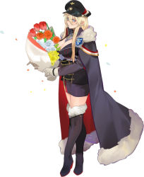 Rule 34 | 1girl, azur lane, bismarck (azur lane), black hat, black thighhighs, blonde hair, blue eyes, boots, bouquet, breasts, cape, cleavage, flower, full body, fur-trimmed boots, fur-trimmed cape, fur trim, gloves, hair between eyes, hat, highres, large breasts, long hair, long sleeves, looking at viewer, military, military hat, military uniform, miniskirt, peaked cap, petals, sidelocks, simple background, skirt, smile, solo, standing, symbol-shaped pupils, thigh boots, thighhighs, thighs, uniform, uyuyuun, white background, white gloves