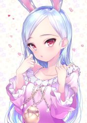Rule 34 | 1girl, animal ears, blue hair, chain, close-up, dress, elin, emily (pure dream), forehead, heart, jewelry, long hair, necklace, pendant, pink dress, rabbit ears, red eyes, solo, tera online, upper body