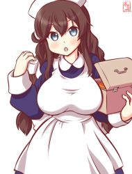 Rule 34 | 1girl, alternate costume, apron, artist logo, bandages, blue dress, blue eyes, braid, breasts, brown hair, cowboy shot, dated, dress, first aid kit, hair between eyes, hat, kanon (kurogane knights), kantai collection, large breasts, long sleeves, looking at viewer, noshiro (kancolle), nurse, nurse cap, one-hour drawing challenge, open mouth, simple background, solo, twin braids, white background