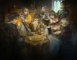 Rule 34 | 4boys, 4girls, absurdres, blonde hair, brown hair, candle, everyone, fireplace, highres, map, multiple boys, multiple girls, octopath traveler, octopath traveler i, official art, olberic eisenberg, pointing, primrose azelhart, project octopath traveler, square enix, sword, table, weapon, yoshida akihiko