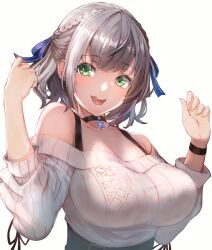 Rule 34 | 1girl, bare shoulders, braid, breasts, choker, cleavage, green eyes, grey hair, hands up, highres, hololive, large breasts, long sleeves, looking at viewer, medium hair, off-shoulder sweater, off shoulder, omoti (1201208), open mouth, shirogane noel, shirogane noel (casual), simple background, smile, solo, sweater, sweater tucked in, upper body, virtual youtuber, white background, white sweater, wristband