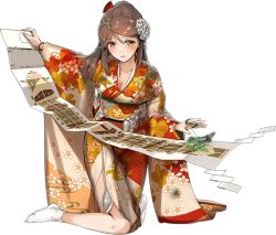 Rule 34 | 10s, 1girl, amagi (kancolle), blush, burnt clothes, flight deck, floral print, flower, hair between eyes, hair flower, hair ornament, japanese clothes, kantai collection, kimono, kneeling, kuuro kuro, long hair, looking at viewer, mole, mole under eye, new year, obi, official art, open mouth, outstretched arm, ponytail, sash, scroll, solo, tabi, transparent background, wide sleeves