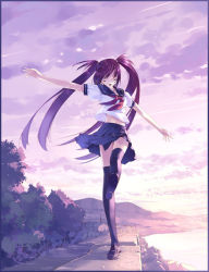 Rule 34 | 1girl, balancing, beach, black thighhighs, blouse, blue skirt, bush, cloud, closed eyes, full body, hill, loafers, long hair, midriff, neckerchief, outdoors, outstretched arms, pleated skirt, purple eyes, purple hair, purple sky, school uniform, serafuku, shirt, shoes, short sleeves, skirt, sky, solo, spread arms, standing, standing on one leg, sunset, thighhighs, twintails, ueda ryou, wall, white shirt, zettai ryouiki