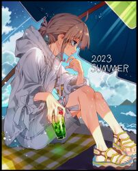Rule 34 | 1boy, 2023, androgynous, beach towel, beach umbrella, blue eyes, brown hair, cherry, cloud, coat, drink, eyelashes, fate/grand order, fate (series), feet, fingernails, food, fruit, green umbrella, highres, holding, holding drink, knees up, kujiraoka, legs, long sleeves, male focus, oberon (fate), sandals, shore, shorts, sitting, solo, summer, toenails, toes, towel, umbrella, water, white coat, white shorts