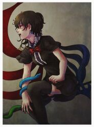 Rule 34 | 1girl, arm snake, asymmetrical wings, black dress, black hair, black hairband, black thighhighs, blue wings, border, bow, bowtie, breasts, brown background, buttons, center frills, dress, feet out of frame, frills, from side, hairband, highres, houjuu nue, medium breasts, open mouth, puffy short sleeves, puffy sleeves, red bow, red bowtie, red wings, short dress, short hair, short sleeves, snake, solo, teeth, thighhighs, touhou, upper teeth only, white border, wings, zero nana, zettai ryouiki