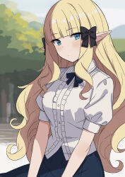 Rule 34 | 1girl, absurdres, black bow, black skirt, blonde hair, blue eyes, blush, bow, breasts, center frills, collared shirt, elf, frills, hair bow, highres, large breasts, long hair, looking at viewer, pleated skirt, pointy ears, princess connect!, puffy short sleeves, puffy sleeves, saren (princess connect!), saren (real) (princess connect!), shirt, short sleeves, sidelocks, sixteenpo, skirt, solo, white shirt