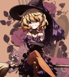 Rule 34 | &gt;:(, 10s, 1girl, bare shoulders, blonde hair, broom, broom riding, bug, butterfly, crossed arms, crossed legs, curly hair, flower, fork, frown, hair between eyes, hat, insect, looking at viewer, official art, pantyhose, rose, shaded face, short hair, sitting, solo, spoon, tanya degurechaff, toujou chika, v-shaped eyebrows, witch hat, youjo senki