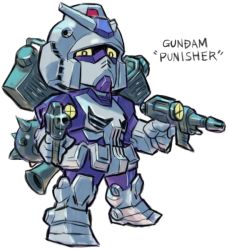 Rule 34 | aburaya tonbi, beam rifle, character name, chibi, dual wielding, energy gun, flail, full body, fusion, gundam, holding, looking at viewer, mechanization, mobile suit gundam, morning star, punisher, rx-78-2, simple background, solo, standing, the punisher, weapon, weapon on back, white background, yellow eyes