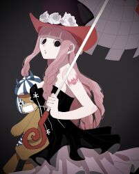 Rule 34 | 1girl, absurdres, arm tattoo, black eyes, blunt bangs, braid, commentary request, dress, drill hair, flower, frilled dress, frills, grey background, half updo, hat, highres, holding, holding stuffed toy, holding umbrella, kumacy, looking at viewer, mask, mouth mask, oh imo, one piece, perona, pink hair, profile, rose, sidelocks, simple background, solo, strapless, strapless dress, stuffed toy, tattoo, top hat, umbrella, white flower, white rose