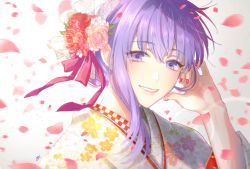 Rule 34 | 1girl, commentary request, fate/stay night, fate (series), flower, hair flower, hair ornament, hair up, hand up, japanese clothes, kimono, matou sakura, nail polish, orii (orii i), parted lips, petals, portrait, purple eyes, purple hair, red nails, smile, solo