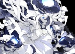 Rule 34 | 10s, 1girl, abyssal jellyfish princess, abyssal ship, bad id, bad pixiv id, blue eyes, breasts, cleavage, one eye covered, dress, glowing, glowing eyes, hat, kantai collection, large breasts, long hair, miyuki (miyuki 05290), pale skin, solo, very long hair, white hair