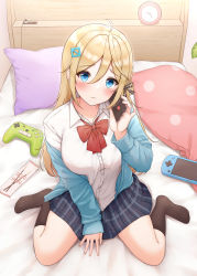 Rule 34 | 1girl, absurdres, bed, black socks, blonde hair, blue cardigan, blue eyes, blue skirt, blush, bow, bowtie, cardigan, clock, closed mouth, collared shirt, commentary request, controller, cover, cover page, food, hair ornament, hairclip, highres, holding, holding phone, long hair, long sleeves, looking at viewer, novel cover, on bed, original, phone, pillow, plaid, plaid skirt, pleated skirt, pocky, red bow, red bowtie, school uniform, shirt, sitting, skirt, socks, solo, talking on phone, wariza, white shirt, yukiunag1