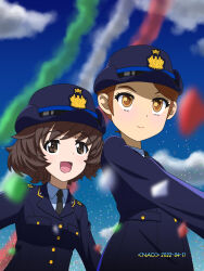 Rule 34 | 2girls, akiyama yukari, artist name, azzurra (aeronautica militare italiana), azzurra (aeronautica militare italiana) (cosplay), black necktie, blue headwear, blue jacket, blue shirt, blue sky, blurry, blurry background, blurry foreground, brown eyes, brown hair, closed mouth, cloud, cloudy sky, commentary, confetti, contrail, cosplay, dated, day, dress shirt, female service cap, girls und panzer, hat, highres, insignia, italian air force, jacket, long sleeves, looking at viewer, messy hair, military hat, multiple girls, naotosi, necktie, open mouth, original, outdoors, shirt, short hair, sky, smile, standing, swept bangs, wing collar