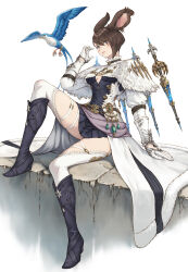Rule 34 | 1girl, absurdres, animal, animal ears, arm support, belt, bird, black collar, blue bird, blue dress, blue eyes, blue footwear, bob cut, boots, brown hair, capelet, cleavage cutout, clothing cutout, coat, collar, commentary, dress, expressionless, eyes visible through hair, final fantasy, final fantasy xiv, floating, floating object, floating weapon, frilled collar, frills, from side, full body, fur-trimmed coat, fur capelet, fur trim, gem, gloves, green gemstone, hand up, highres, juliet sleeves, knee boots, knee up, lace, lace-trimmed thighhighs, long sleeves, makimura shunsuke, mole, mole under mouth, puffy sleeves, rabbit ears, sage (final fantasy), short hair, simple background, sitting, solo, swept bangs, thigh strap, thighhighs, viera, warrior of light (ff14), white background, white capelet, white coat, white gloves, white thighhighs