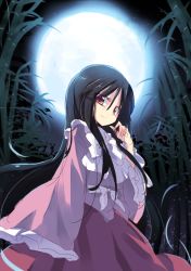 Rule 34 | 1girl, bamboo, bamboo forest, black hair, bow, forest, full moon, houraisan kaguya, long hair, long sleeves, looking at viewer, moon, nature, night, red eyes, satou kibi, shirt, skirt, smile, solo, star (sky), touhou, wide sleeves