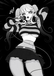 Rule 34 | 1girl, arm behind head, artist name, brassica, breasts, choker, crop top, fishnet pantyhose, fishnets, greyscale, heart, heart choker, highres, holding, holding microphone, large breasts, long hair, long sleeves, microphone, midriff, miniskirt, monochrome, musical note, navel, open mouth, original, panties, pantyhose, pantyshot, pleated skirt, shirt, skirt, solo, striped clothes, striped shirt, twintails, two-tone shirt, underboob, underwear
