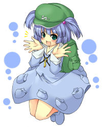 Rule 34 | 1girl, :d, ^^^, backpack, bag, beihan, blue dress, blue eyes, blue hair, blush, boots, dress, female focus, full body, green eyes, hat, jumping, kawashiro nitori, key, kokka han, looking at viewer, matching hair/eyes, no nose, open mouth, rubber boots, short hair, simple background, smile, solo, touhou, two side up, white background
