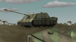 Rule 34 | artist request, bad id, bad pixiv id, caterpillar tracks, cloud, day, highres, house, jagdpanther, military, military vehicle, motor vehicle, no humans, original, sky, tank, tank destroyer, vehicle focus
