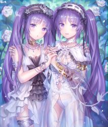 Rule 34 | 2girls, :o, bad id, bad pixiv id, bangle, bare shoulders, blue blood moon, blue panties, blush, bracelet, breasts, choker, dress, euryale (fate), euryale (third ascension) (fate), fate/grand order, fate/hollow ataraxia, fate (series), flower, hair between eyes, hairband, headdress, highres, holding hands, jewelry, lolita hairband, long hair, looking at viewer, multiple girls, multiple rings, neck ring, necklace, open mouth, panties, purple eyes, purple hair, ribbon, ring, see-through, siblings, sisters, smile, stheno (fate), stheno (third ascension) (fate), thighlet, twins, twintails, underwear, very long hair, white dress