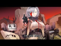Rule 34 | 1girl, absurdres, avengers: endgame, avengers (series), azur lane, blood, blood on face, character name, commentary request, english text, closed eyes, grey hair, hairband, highres, iron man, marvel, marvel cinematic universe, metal gloves, necktie, parody, red neckwear, reno (azur lane), see-through, shippi, smile, snapping fingers, spoilers, subtitled