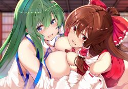 Rule 34 | 1boy, 2girls, asymmetrical docking, blurry, blurry background, bow, breast envy, breast press, breasts, brown hair, censored, commentary request, detached sleeves, frog hair ornament, green hair, hair bow, hair ornament, hakurei reimu, indoors, kochiya sanae, large breasts, long hair, looking at viewer, medium breasts, mosaic censoring, multiple girls, open mouth, paid reward available, paizuri, pov, red bow, red shirt, ribbon-trimmed sleeves, ribbon trim, shirt, sidelocks, textless version, touhou, touhou7716, wide sleeves