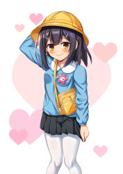 Rule 34 | 1girl, absurdres, arm behind head, arm up, bag, between breasts, black hair, black skirt, blue shirt, blush, bow, breasts, brown eyes, closed mouth, collared shirt, commentary request, fate/kaleid liner prisma illya, fate (series), hair ornament, hairclip, hat, hat bow, heart, heart background, highres, kindergarten uniform, long hair, long sleeves, looking at viewer, miyu edelfelt, morokoshi (tekku), name tag, pantyhose, pleated skirt, safety pin, school hat, shirt, shoulder bag, skirt, small breasts, solo, strap between breasts, wavy mouth, white background, white pantyhose, yellow bow, yellow hat