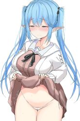 Rule 34 | 1girl, blue hair, blush, breasts, closed mouth, clothes lift, embarrassed, falaloods, highres, hololive, large breasts, lifted by self, long hair, long sleeves, official alternate costume, panties, pointy ears, simple background, skirt, skirt lift, solo, standing, twintails, underwear, virtual youtuber, white panties, yukihana lamy, yukihana lamy (casual)