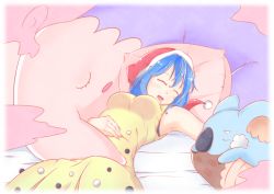 Rule 34 | 1girl, alternate costume, armpits, bare arms, blue hair, blush stickers, closed eyes, creatures (company), crossover, doremy sweet, dress, drooling, fang, game freak, gen 5 pokemon, gen 7 pokemon, hair between eyes, hand on own stomach, hat, komala, lying, musharna, nightcap, nintendo, on back, on stomach, open mouth, pillow, pokemon, pokemon (creature), pom pom (clothes), red hat, shibiria, sleeping, sleeveless, sleeveless dress, smile, touhou, trait connection, yellow dress