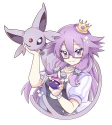 Rule 34 | 1girl, animal collar, black shirt, blue eyeshadow, cerise, choker, closed mouth, collar, commentary, commission, creatures (company), cropped torso, crown, english commentary, espeon, eyelashes, eyeshadow, game freak, gen 2 pokemon, glasses, hair ornament, happy, highres, holding, holding poke ball, indie virtual youtuber, jacket, jewelry, long hair, looking at viewer, makeup, mini crown, nail polish, necklace, nepqueen, neptune (series), nintendo, one eye closed, open clothes, open jacket, petting, poke ball, pokemon, pokemon (creature), puffy short sleeves, puffy sleeves, purple-framed eyewear, purple collar, purple eyes, purple hair, purple nails, purple theme, shirt, short sleeves, sidelocks, simple background, smile, sparkle, very long hair, white background, white bracelet, white choker, white jacket, white sleeves, yellow crown