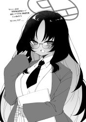 Rule 34 | 1girl, an (blue archive), blue archive, blush, breasts, coat, collared shirt, dark-skinned female, dark skin, glasses, greyscale, halo, highres, large breasts, long hair, long sleeves, looking at viewer, monochrome, necktie, open clothes, open coat, open mouth, round eyewear, ryusei (ster0629), shirt, simple background, smile, solo, translation request, upper body, white background