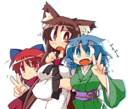 Rule 34 | 3girls, animal ears, blue eyes, blue hair, blush, brown hair, drill hair, fang, fins, hand on another&#039;s shoulder, head fins, igarashi amura, imaizumi kagerou, japanese clothes, kimono, melglms, multiple girls, open mouth, red eyes, red hair, sekibanki, touhou, translated, twin drills, v, wakasagihime, wolf ears