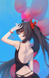 Rule 34 | 1girl, absurdres, ahoge, arm up, back, back focus, backless outfit, balloon, black tank top, blue background, bow, brown hair, flower-shaped pupils, from behind, genshin impact, hair bow, highres, hu tao (genshin impact), long hair, looking at viewer, looking back, qixia, red bow, red eyes, sideways glance, simple background, solo, symbol-shaped pupils, tank top, twintails, upper body, very long hair