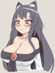 Rule 34 | 1girl, animal ears, artist request, bare shoulders, black hair, blush, breasts, brooch, cleavage, closed mouth, collarbone, commentary request, dress, eyebrows, eyelashes, gero zoukin, grey background, imaizumi kagerou, jewelry, large breasts, neck, off-shoulder dress, off shoulder, red eyes, solo, sweat, touhou, upper body, white dress, wolf ears