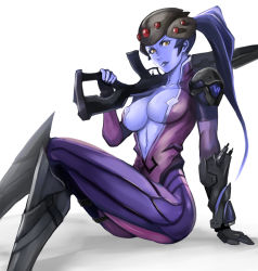 Rule 34 | 1girl, arm support, bodysuit, breasts, center opening, colored skin, crossed legs, gloves, gun, head-mounted display, large breasts, lips, long hair, looking at viewer, overwatch, overwatch 1, ponytail, purple hair, purple skin, rifle, shibusun, simple background, sitting, sniper rifle, solo, very long hair, visor, weapon, white background, widowmaker (overwatch), yellow eyes