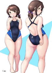Rule 34 | 1girl, abstract background, blush, bow, brown hair, character request, closed mouth, collarbone, competition swimsuit, copyright request, covered navel, dot nose, feet out of frame, full body, hair bow, highleg, highleg swimsuit, highres, looking at viewer, medium hair, multiple views, one-piece swimsuit, open mouth, shigekikkusu, sidelocks, signature, skindentation, swimsuit, tareme, thick thighs, thighs, yellow eyes