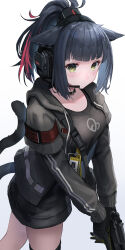 Rule 34 | 1girl, absurdres, animal ears, arknights, black choker, black shirt, blue hair, cat ears, cat girl, cat tail, choker, commentary, cowboy shot, green eyes, grey jacket, gun, handgun, headset, high ponytail, highres, holding, holding gun, holding weapon, hood, hooded jacket, id card, implied extra ears, jacket, jessica (arknights), long sleeves, looking at viewer, multicolored hair, open clothes, open jacket, parted lips, red hair, shirt, short hair, simple background, sthk, streaked hair, tail, weapon, white background