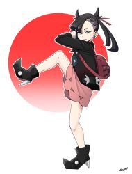 Rule 34 | 1girl, ankle boots, asymmetrical bangs, backpack, bag, black footwear, black hair, black jacket, boots, commentary, creatures (company), dress, earrings, english commentary, full body, game freak, green eyes, hair ribbon, highres, jacket, jewelry, leg up, long sleeves, looking at viewer, marnie (pokemon), nintendo, pink dress, pokemon, pokemon swsh, red bag, red ribbon, ribbon, solo, standing, standing on one leg, throwing, twintails, woogleboy