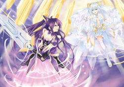 Rule 34 | 2girls, armor, armored dress, blue eyes, breasts, cleavage, date a live, dress, elbow gloves, floating hair, gloves, hair between eyes, hair ornament, holding, holding sword, holding weapon, kono (uiyoyo199), layered dress, long dress, long hair, multiple girls, open mouth, outstretched arms, purple eyes, purple hair, short dress, short hair, silver hair, sleeveless, sleeveless dress, small breasts, sword, thighhighs, tobiichi origami, very long hair, weapon, white dress, white gloves, white legwear, yatogami tooka