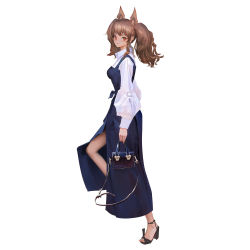 Rule 34 | 1girl, absurdres, angelina (arknights), animal ears, arknights, bag, blue dress, brown hair, clothing request, dress, closed eyes, fox ears, fox girl, handbag, high heels, highres, holding, leg lift, long sleeves, looking at viewer, red eyes, sandals, shoes, simple background, smile, solo, standing, standing on one leg, toes, white background, wonbin lee