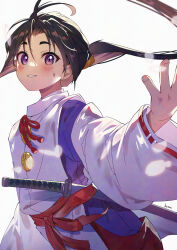 Rule 34 | 1boy, :d, artist name, backlighting, bishounen, black hair, blush, cherry blossoms, commentary request, falling petals, floating hair, grin, hakama, hakama pants, hand up, high ponytail, highres, houjou tokiyuki (nige jouzu no wakagimi), japanese clothes, kariginu, katana, kimono, long hair, long sleeves, looking at viewer, male focus, nige jouzu no wakagimi, open mouth, pants, parted bangs, petals, piyopuni0521, purple eyes, purple kimono, red hakama, ribbon-trimmed sleeves, ribbon trim, sash, sheath, sheathed, sidelocks tied back, signature, simple background, single hair intake, smile, solo, standing, sweatdrop, sword, upper body, weapon, wide sleeves