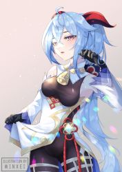 Rule 34 | 1girl, armpits, artist name, beige background, black gloves, black pantyhose, blue hair, blush, clothes pull, cowbell, detached sleeves, ganyu (genshin impact), genshin impact, gloves, hair between eyes, horns, leaning to the side, long hair, minxei, open mouth, pantyhose, pelvic curtain, ponytail, purple eyes, solo, thighs, very long hair