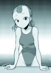 Rule 34 | 1girl, bare shoulders, ken (koala), long hair, looking at viewer, monochrome, one-piece swimsuit, original, partially submerged, smile, solo, swimsuit