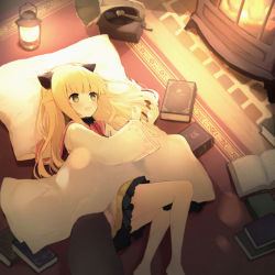 Rule 34 | 1girl, :d, animal ears, blonde hair, blush, book, commentary request, dress, feet out of frame, fireplace, green eyes, indoors, lantern, long hair, long sleeves, looking away, lying, no shoes, on side, open book, open mouth, original, pantyhose, phonograph, red sailor collar, sailor collar, sailor dress, smile, solo, suzumori uina, tail, white dress, white pantyhose, wide sleeves