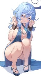 Rule 34 | 1girl, ako (blue archive), ako (dress) (blue archive), backless dress, backless outfit, blue archive, blue dress, blue hair, blue halo, breasts, cleavage, cuffs, dress, greenapple, halo, handcuffs, highres, key, large breasts, looking at viewer, official alternate costume, panties, plunging neckline, shackles, sideboob, sideless dress, single handcuff, sleeveless, sleeveless dress, smile, solo, underwear, white panties