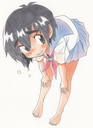 Rule 34 | 1girl, ahoge, barefoot, black eyes, black hair, blouse, character request, eyebrows, feet, forced smile, full body, hair between eyes, leaning forward, messy hair, neckerchief, oyatsu (mk2), red neckerchief, school uniform, shirt, short hair, solo, thick eyebrows, toes, white background, white shirt
